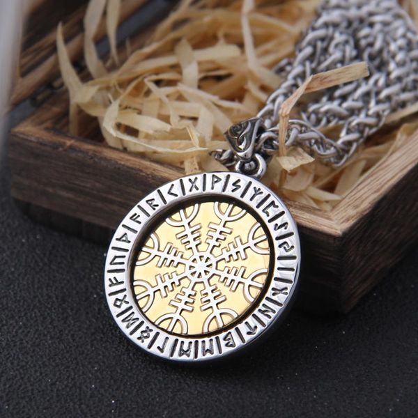 

helm of awe" and "viking vegvisir" viking rune necklace with stainless steel chain and pendant as men gift with wooden, Silver