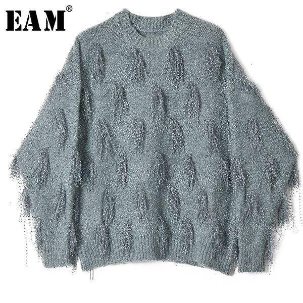 

eam] tassels big size knitting sweater loose fit round neck long sleeve women sweater new fashion autumn winter 2019 1h478