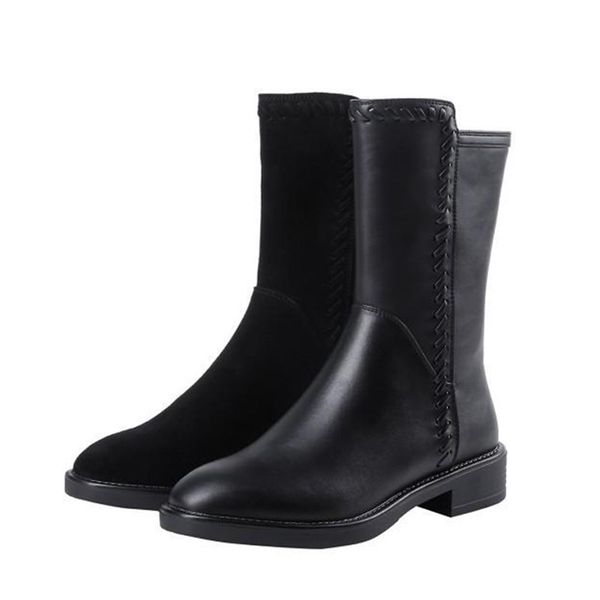 

ladies boots female shoes round toe boots women side zipper zapatos de mujer square heel winter leather mid calf, Black