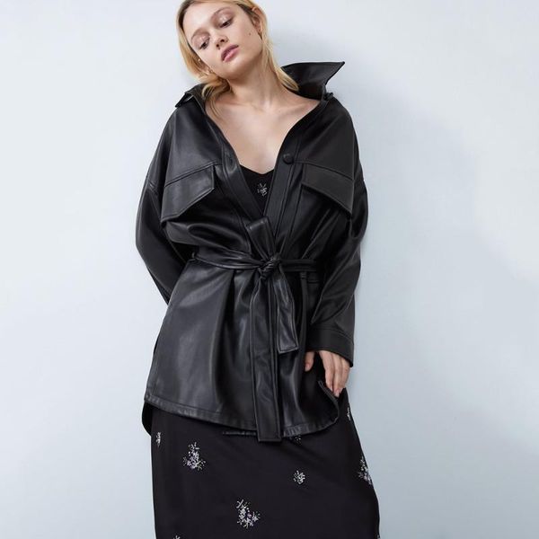 

новая кожа рубашка куртка пальто женщин с длинным рукавом отложным воротником карманный пояс хем side щелевая кнопки закрытия пальто оптом, Black