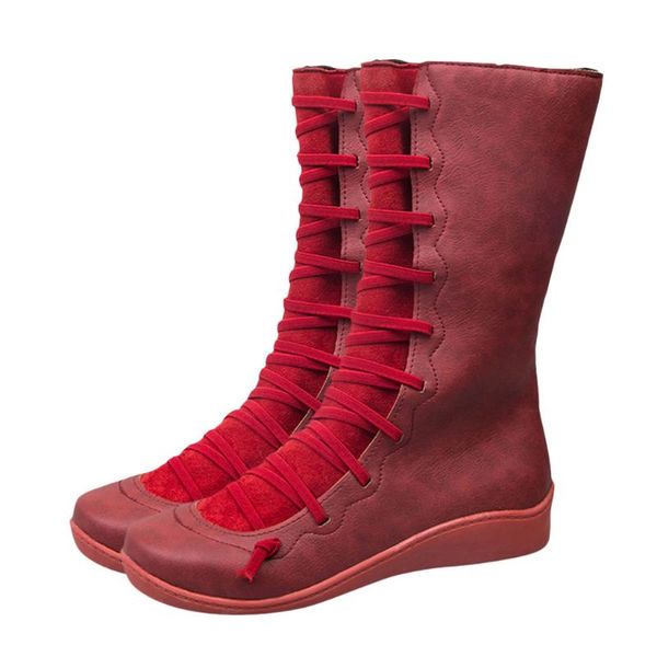 

womens mid-calf boots ladies casual flat leather lace-up side zipper round toe shoe boots fashion platform warm shoes, Black
