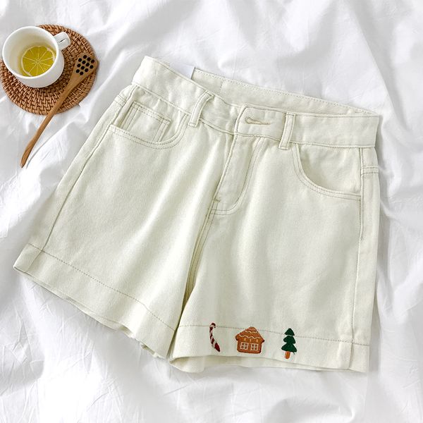 

2020 summer girls denim jeans korean style high waist embroidery wide leg shorts, Blue