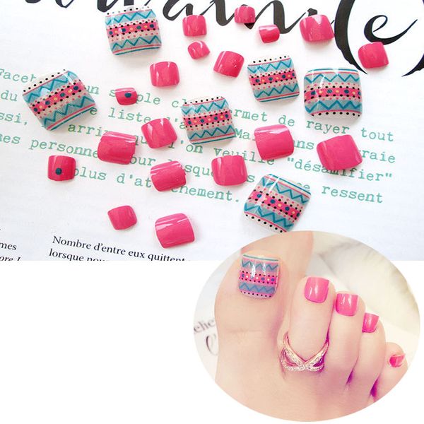 

24 pcs/set fake nails feet short square toenail false nails toe pink color design finished press on nail art patch with 2g glue, Red;gold