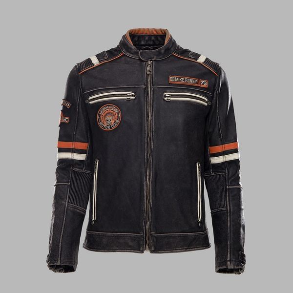 

aff handmade vintage motorcycle clothing cow skin motorcycle suit, heavy grinding leather fur man, Black