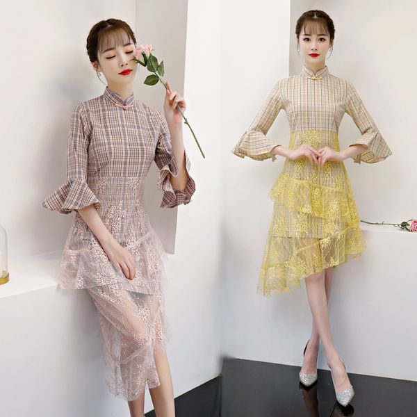 

medium long cotton plaid lace stitching elegent women bracelet sleeve dresses lotus lace hollow out mesh female cheongsam dress, White