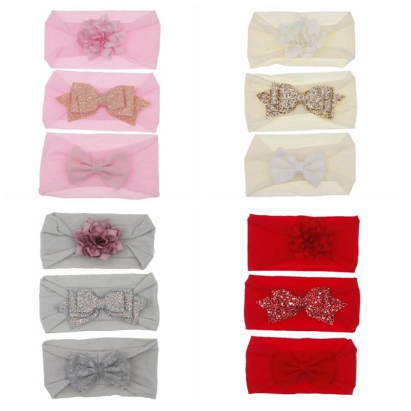 

baby headband nylon heaband elastic turban hair bands flower soft bowknot headwrap children girls hair accessories 3pcs/lot, Slivery;white