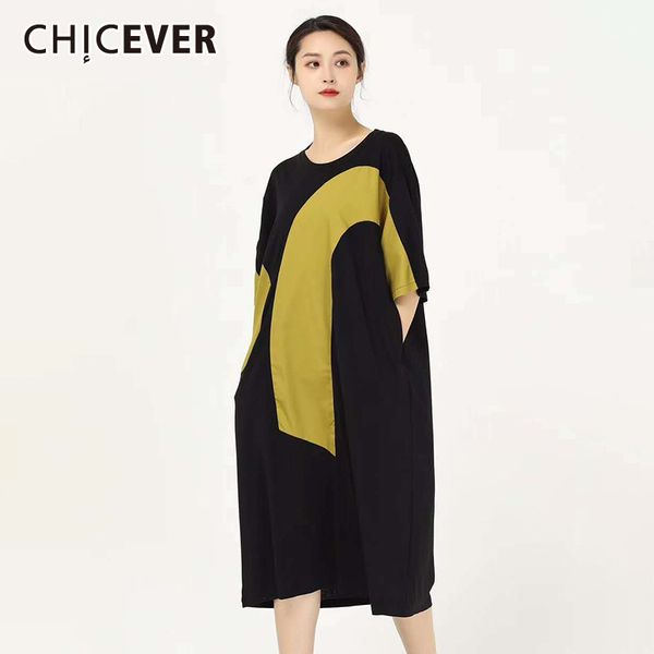 

chicever хит цвет женщин платье o-образным вырезом половина рукав сверхразмерные свободно лоскутное повседневные платья мода лето новый женс, Black;gray