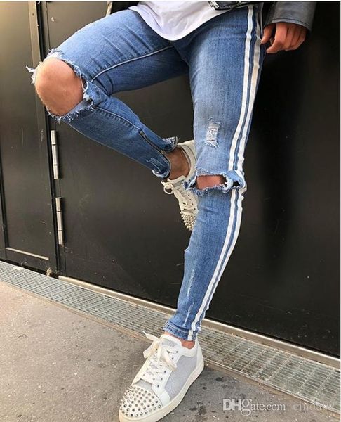 Jeans masculinos listrado lado vintage azul azul slim calças de denim rasgado buraco skate streetwear longo macho