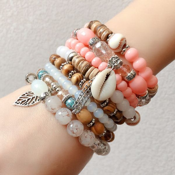 

bohemian crystal multilayer beads bracelets bangles shell leaf charm women elegant acrylic alloy bracelets 4 pcs/set beach party jewelry dhl, Golden;silver