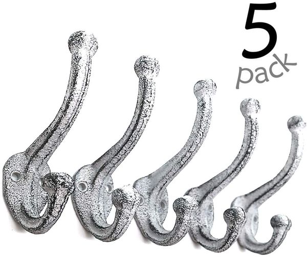

decorative rustic cast iron, wall mounted coat hooks (set of 5) vintage inspired, modern farmhouse, coats, bags, hats, towels (antique white