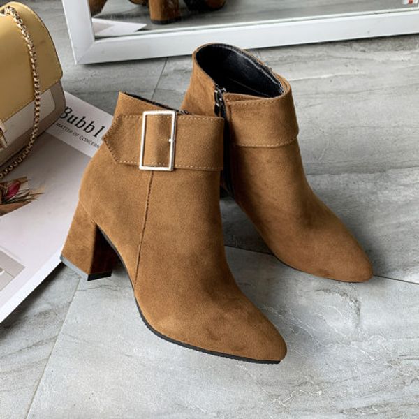 

boots children 2019 new fashion pointed square buckle thick with british wind wild thin boots, Black
