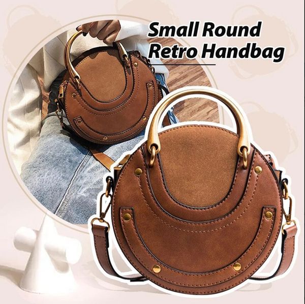 

2019 vintage scrub leather round designer crossbody bag women pu leather shoulder bags ladies small handbags mini tote bag