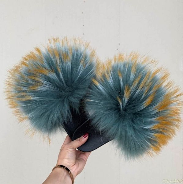 

100% real raccoon slides slippers furry shoes summer home flip flops warm slippers fur wholesale, Black