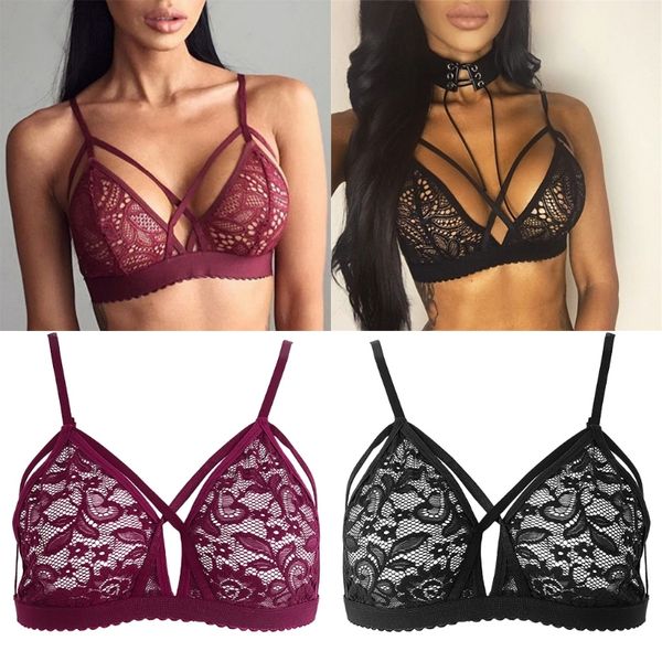 Mulheres Sexy Crossing Bandage Colheita Tops Floral Sheer Lace Bra Top Sem Costura Preto Bralette Sem Fio bustier Regatas Camis C18112701