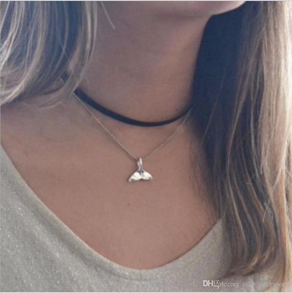 

мода два ожерелье слой корейский бархат кожаный шнур черный цвет колье хвост рыбы кулон цепи металла посеребренные, Silver