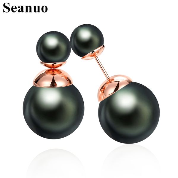 

seanuo double nature pearls stud earrings for women jewelry fashion rose gold/silver female wedding cute earrings gifts, Golden