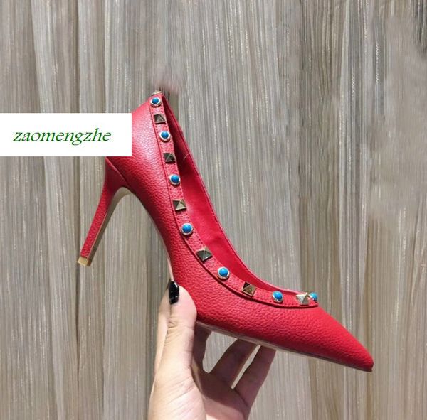 

дизайнер острым носом 2-ремень с шпильками высокие каблуки лакированная кожа заклепки сандалии женские туфли на высоком каблуке 8,5 см, Black