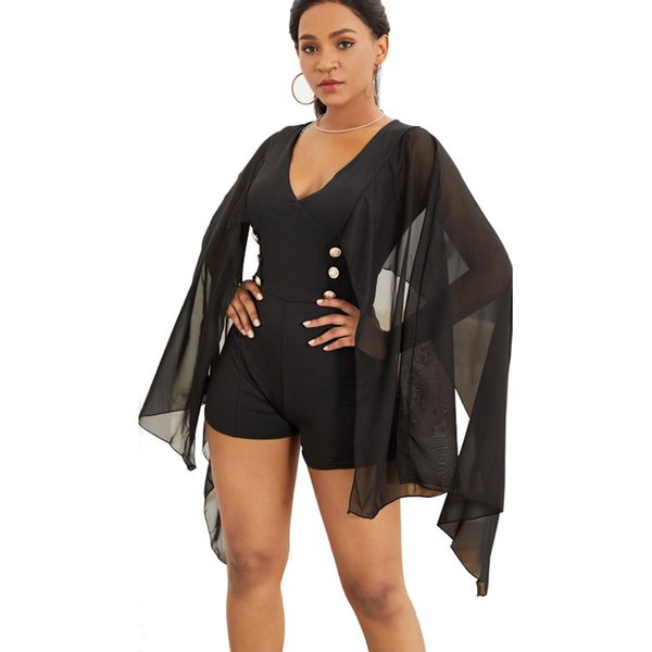

elegant fashion bodysuit solid chiffon cloak v-neck bat sleeve summer women casual jumpsuit short pants office lady jumpsuit, Black;white