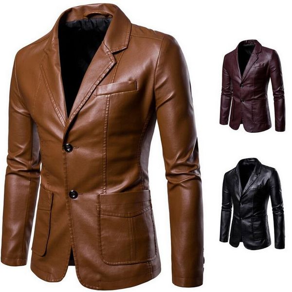 

2019 autumn and winter new fashion men's slim casual lapel wild color pu leather jackets small suit men lapel leather coat, Black