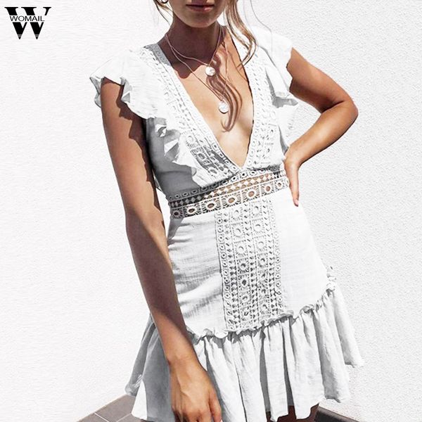 

womail dress summer fashion sleeveless ruffled open back solid mini dress party holiday elegant beach sundress 2019 m524, Black;gray