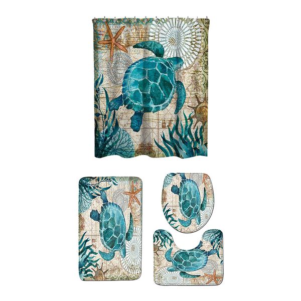

4 pieces sea turtle shower curtain set with soft bath rug toilet lid cover