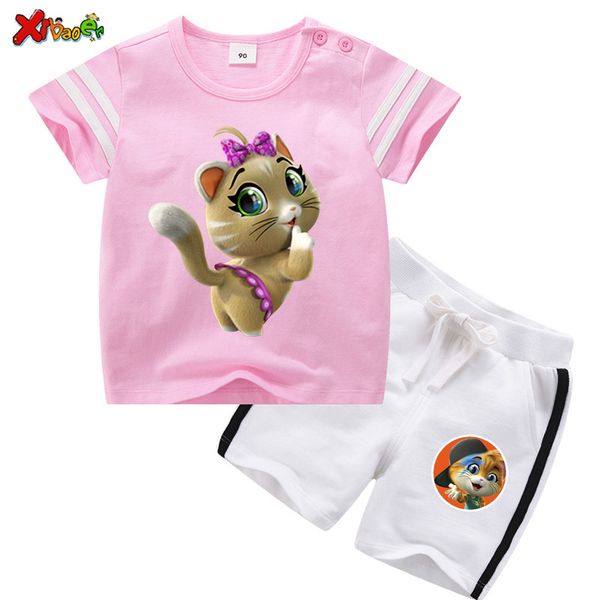 

girls clothing sets cute 44 cool cats t shirt cartoon kids clothes summer sport casual outfits toddler baby tshirt+ shorts suits, White