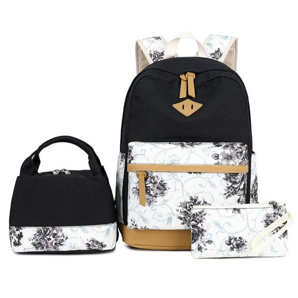 

3 in1 набора цветочной печати начальной школа студент satchel плечо schoolbag для средней школы девочек мальчиков рюкзака с обедом сумкой