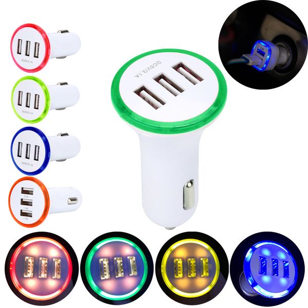 

led 3 usb car charger 5v 2.1a led luminous adapter socket car adapter for iphone7 charger 2a adapter