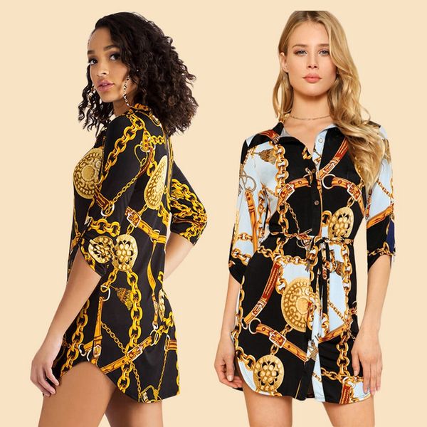 

fashion middle sleeve chain print women blouse dress and lapel lace-up button summer shirt casual short dress, Black;gray