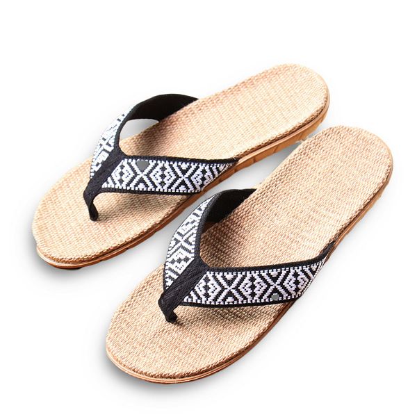 

новый летний льняной мужчины тапочки этнический lattice ткань eva flat non-slip льняное флип-флоп главная слайды человек сандалии соломы пля, Black