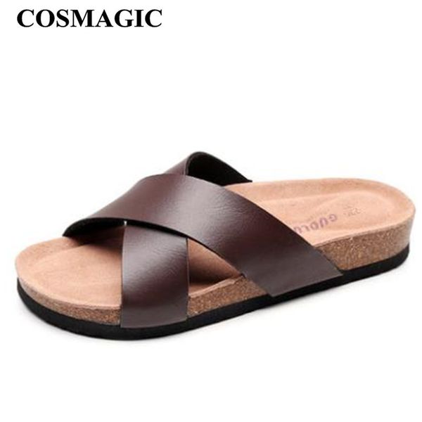 

cosmagic 2019 fashion men beach cross cork slippers summer solid color non-slip outside eva leather slide shoe high quality, Blue;gray