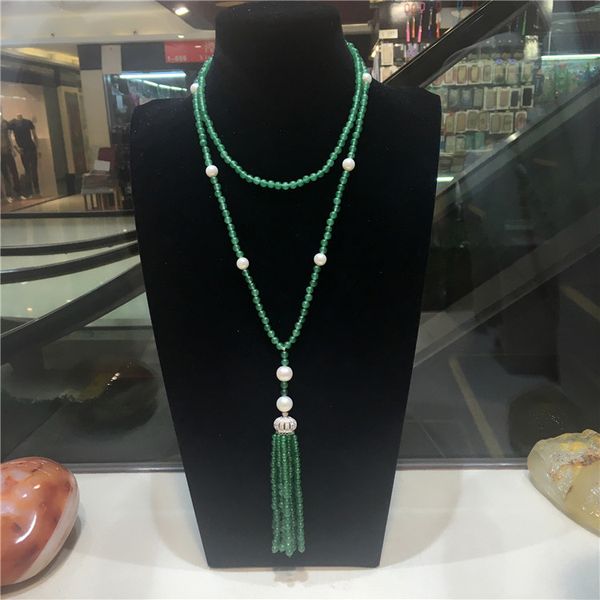 

hand knotted long natural green stone white freshwater pearl micro inlay zircon clasp tassel necklace fashion jewelry, Silver