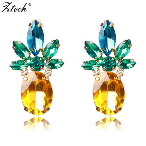 

ztech fashion pineapple stud earrings chic design created rhinestones yellow green cute earrings jewelry brinco verde zirconia, Golden;silver