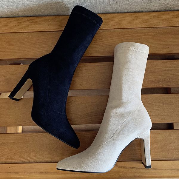 

new style suede thick heel women's boots square heel middle tube high shoes pointed toe women's boots winter women, Black