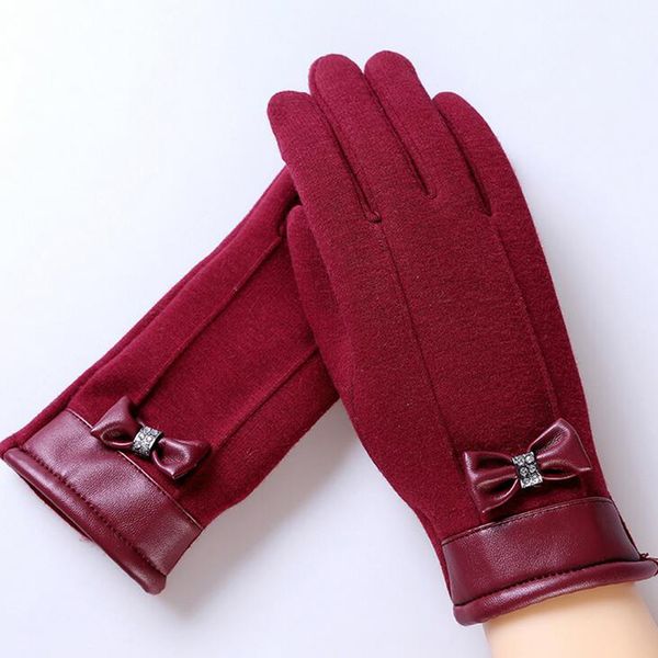

2017 elegant plush female lace leather wrist bow tie gloves winter sports fitness women phone touch screen mittens gloves 13d, Blue;gray