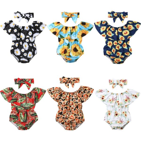 

Summer Cute Newborn Baby Girl Off Shoulder Floral Bodysuit Collar Sunflower+Headband 2Pcs Casual Outfit