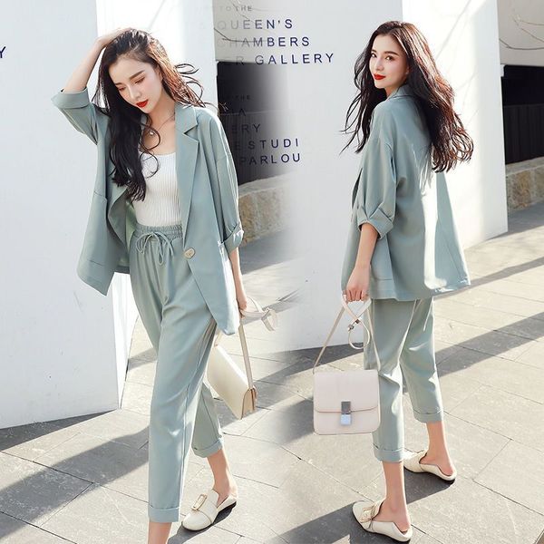 

large size women's blazer sets fashion blazers + nine points wide leg pants suit spring summer casual british style jacket q20, White;black
