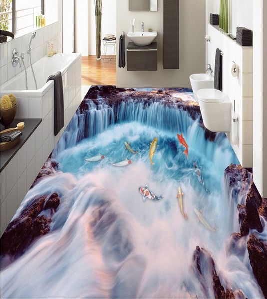 

3d pvc flooring custom p waterproof self-adhesive floor mountain waterfall carp sticker home decor living room wallpaper for walls 3 d