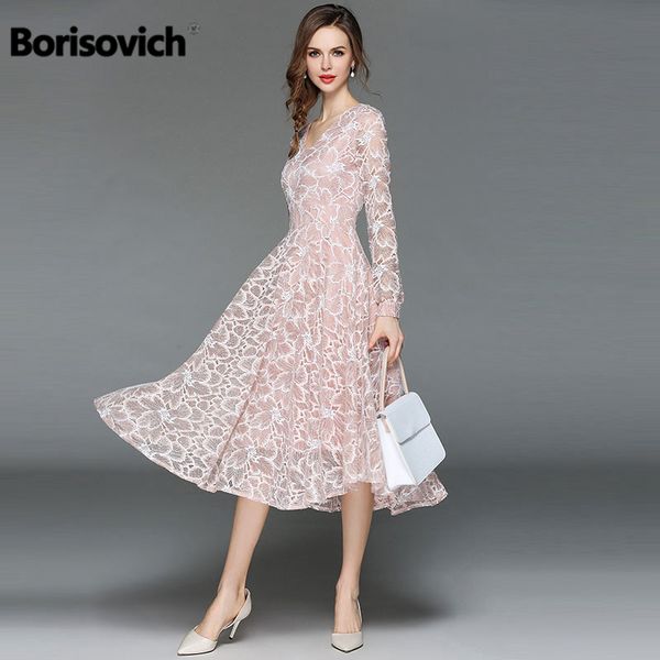 

Borisovich Women Casual Lace Dress New 2018 Autumn Fashion Long Sleeve V-neck Elegant Slim A-line Women's Party Dresses M398
