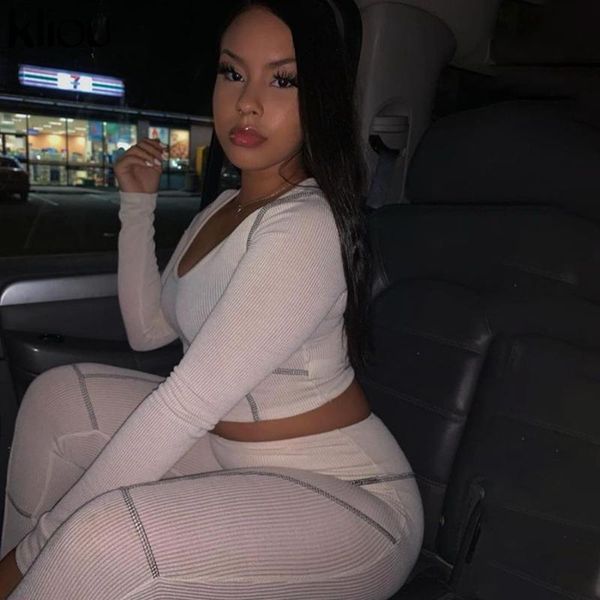 

kliou women elastic tracksuit 2 piece set 2020 solid long sleeve gym workout crop + scrunch buleggings fitness outfit, White