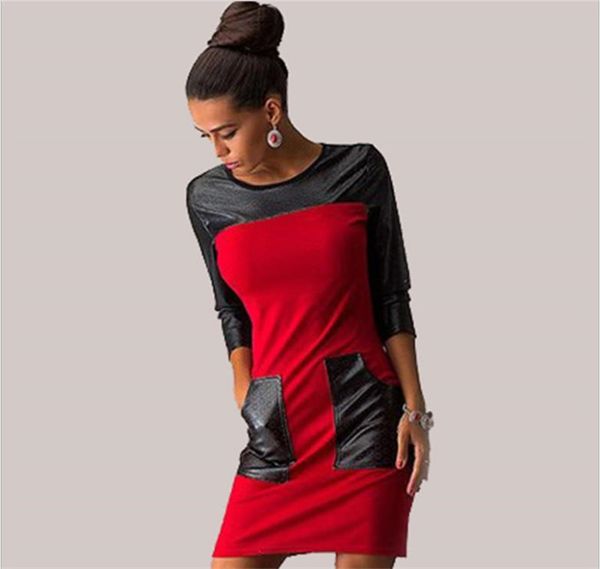 

womens pu panelled dresses crew neck long sleeve dresses female apparel with procket, Black;gray