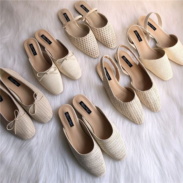 

sandals cane weaving women solid beige bowtie sandalias ladies ankle strap breathable summer shoes pointed toe flipflops, Black