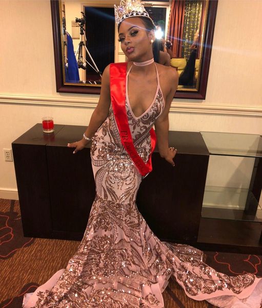 

deep v neck prom dresses 2019 full sequined lace sweep train backless formal evening party dresses for black girls