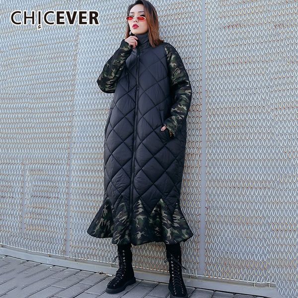 

chicever лоскутное камуфляж женские пуховики стенд воротник с длинным рукавом молния подол mermaid толстое пальто женская мода одежда, Black