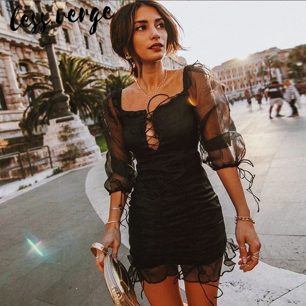 

lessverge off shoulder lace up black dress women ruffle mesh elegant bodycon dress autumn winter party club vestidos, Black;gray