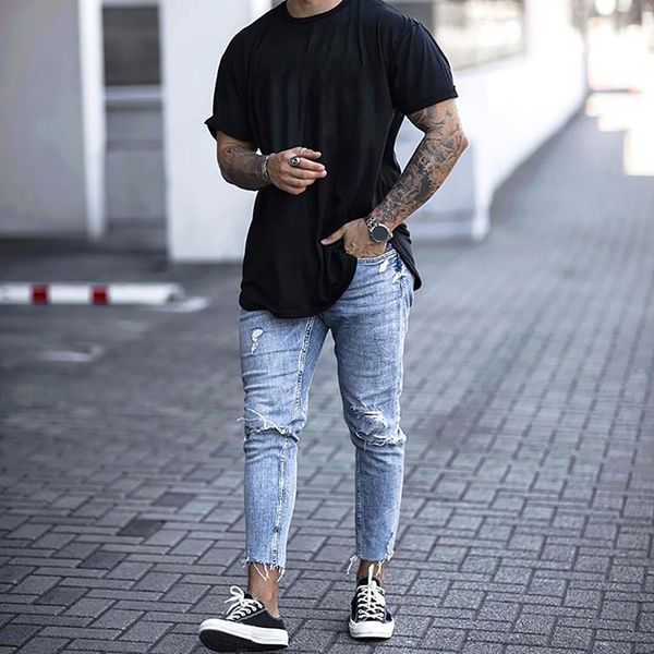 

jeans men mid waist casual slim ankle length skinny jeans men streetwear fashion hole ripped for calÃ§a masculina d40, Blue