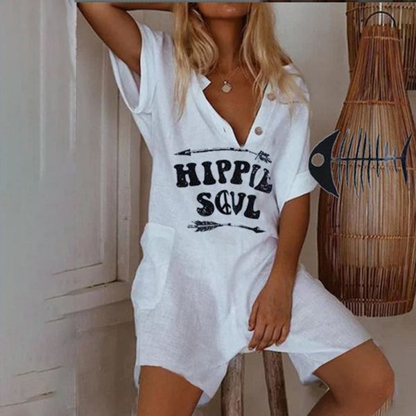 

oversize summer short sleeve womens playsuits linen v-neck printed pockets buttons female playsuit 2020 casual ladies rompers, Black;white