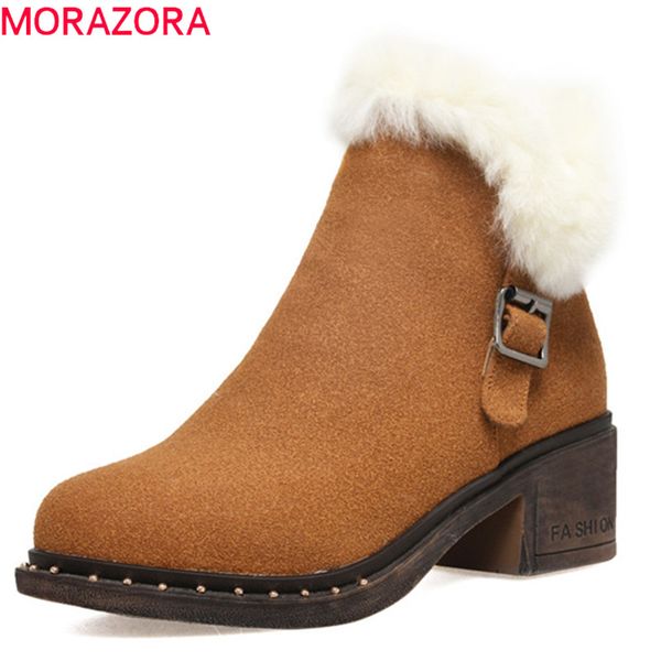 

morazora 2019 new arrival suede leather ankle boots for women zip keep warm winter snow boots square high heels shoes woman, Black