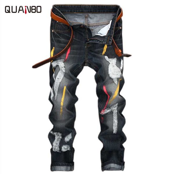 

2017 men jeans design fashion biker runway hiphop slim jeans hole offset printing distressed men ripped, Blue