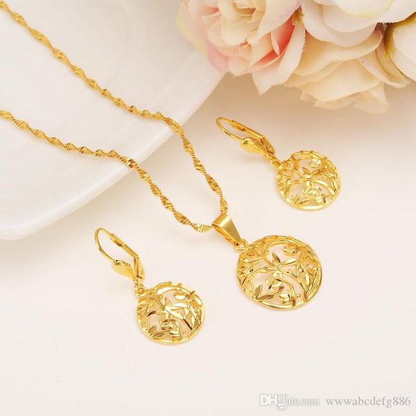 

14 k yellow solid fine gold filled semi-circle earrings pendant necklace fashion dubai multilayer flower grass jewelry set, Silver